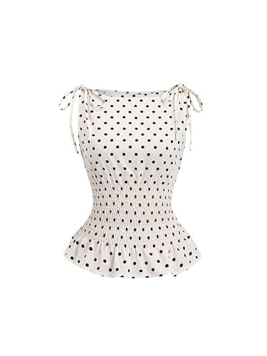 RoseSeek Women's Gingham Tie Shoulder Tank Tops Sleeveless Shirred Ruffle Hem Shirts - Image 1