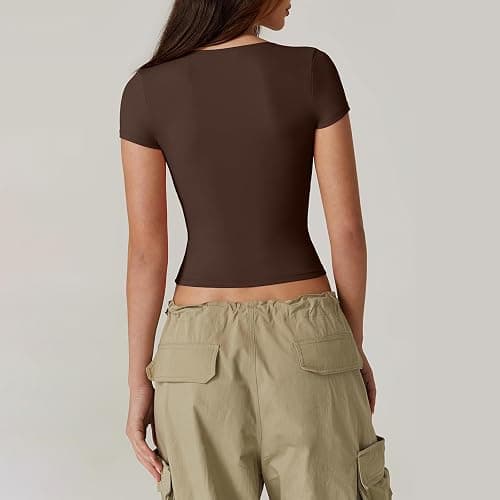 Yassiglia Damen Basic T-Shirt Y2K Crop Top Slim Fit Unterziehshirt Sommer Leichte Oberteile Sweetheart Ausschnitt Kurzarm Shirts thumbnail 3