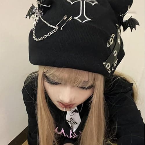 Quxyxso Punk Cross Goth Hat, Women's Cat Ear Bat Wing Beanie Knit Hat, Knitted Y2k Hat Accessories Winter Outdoor Streetwear Black thumbnail 4