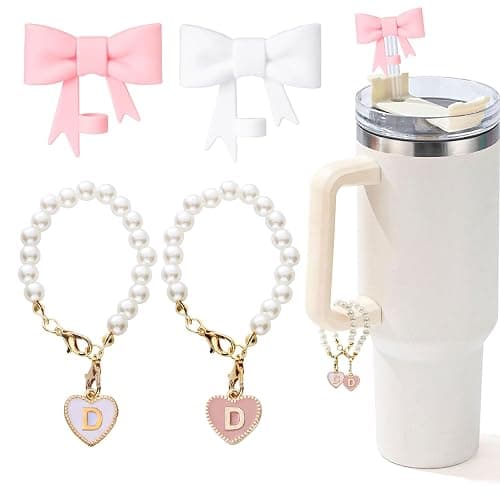 LUHOHI Pink Bow Stanley Straw Topper, 2pcs Pearl Chain for Stanley Cup Accessories Initial Letter Charms Handle with 2pcs Straw covers for Water Bottle Jewelry Tumbler Personalized Decorations Tag D - Image 1