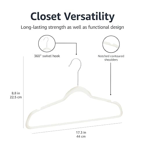 Amazon Basics Slim, Velvet, Non-Slip Sturdy Clothes Hangers, 50-Pack, Ivory/Silver thumbnail 3
