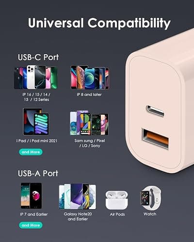 [4 Pack] USB C Charger Block Fast Charging Multiport Adpater [PD 20W USB-C & QC 3.0 USB-A Port] for i Phone 17/16/15/14/13/12/11/X/8, i Pad, Galaxy, Google, Galaxy & More [Pink] thumbnail 6