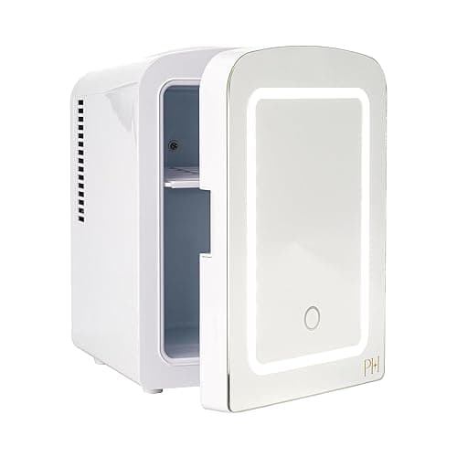 Paris Hilton Mini Refrigerator and Personal Beauty Fridge, Mirrored Door with Dimmable LED Light, Thermoelectric Cooling and Warming Function for All Cosmetics and Skincare Needs, 4-Liter, White - White