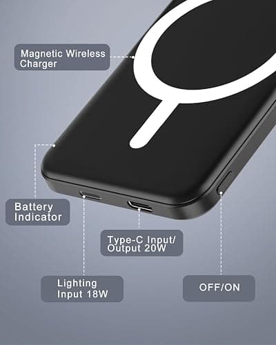 podoru for Magsafe Battery Pack, 5000mAh Magnetic Power Bank with Type-C Cable 20W PD Fast Charging Lighting Input Wireless Portable Charger for iPhone 17/16/15/14/13/12/ All Series-Black thumbnail 5