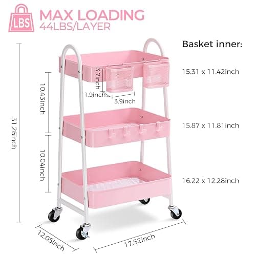 KINGRACK 3 Tier Utility Rolling Carts, Metal Rolling Storage Cart, Craft Art Cart with Handle and Locking Wheels & 2 Hanging Baskets 4 Hooks for Bathroom, Bedroom, Pink - Pink With Basket and Hooks thumbnail 3