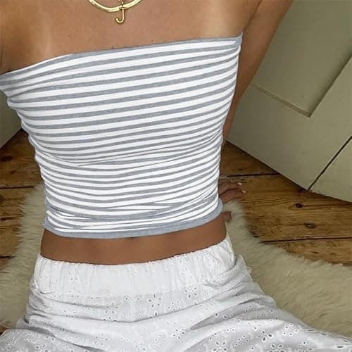 Cioatin Women Strapless Striped Bandeau Tube Tops Y2K Aesthetic Sleeveless Backless Crop Tank Going Out Summer Girls thumbnail 2