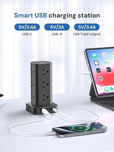 Tower Power Strip with Surge Protector - 12 AC Outlets & 4 USB Ports (2 USB-C), 6FT Extension Cord, Charging Station Tower for Home Office Dorm Travel (Black) thumbnail 6