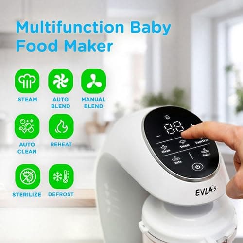 EVLA'S Baby Food Maker, Steamer, Blender, Baby Food Processor for Healthy Homemade Baby Food in Minutes, Touch Screen with 6 Reusable Food Pouches, Baby Registry Essential, White thumbnail 4