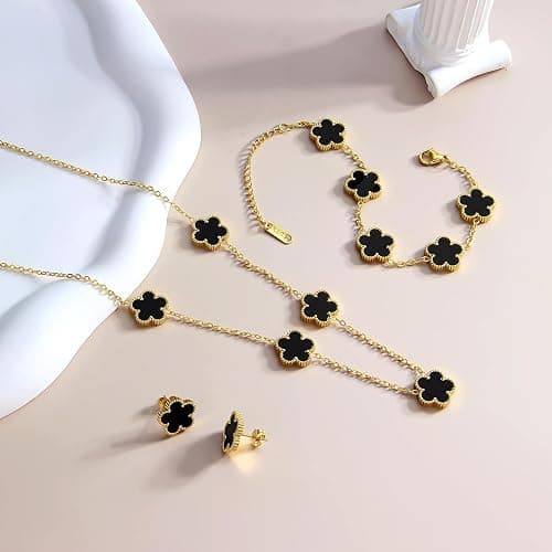 AmorArtSky Lucky Clover Jewelry Set - 18K Gold Plated Flower Design Five Leaf Bracelet, Necklace Pendant, Earrings for Women - Lucky Gifts for Mom, Wife, Daughter, Friends thumbnail 5