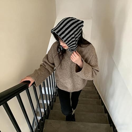 Knitted Striped Triangular Scarf Women Headscarf Wool Knitted Shawl and Wraps Neck Scarves for Women Multi-Functional Warm Ladies Versatile Scarves Headscarf Autumn Winter thumbnail 8