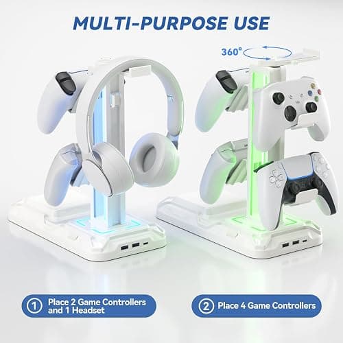 KDD RGB Headphone & Controller Stand with Wireless Charging - Rotatable Headset Stand with 9 Light Modes - Controller Holder with 2 USB and Type C Ports - for Gamers Desktop Accessories(White) thumbnail 6