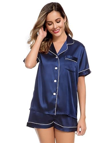 LecGee Womens Silk Satin Pajamas Short Sleeve Loungewear Two-Piece Sleepwear Button-Down Pj Set thumbnail 2