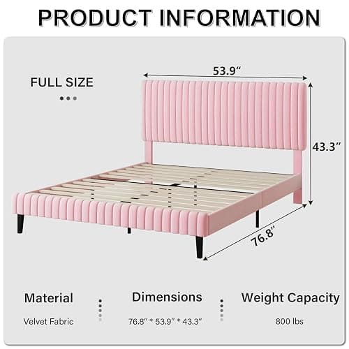 BarnFurin Full Size Bed Frame with Adjustable Headboard, Velvet Upholstered Platform Bed with Vertical Channel Tufted Design, No Box Spring Required, Easy Assembly, Pink thumbnail 2