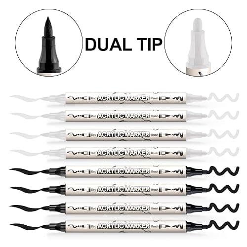 TRANSON 4 Black and 4 White Paint Markers Brush and Bold Dual-tip Acrylic Paint Marker Set for Rock Painting Glass Canvas Wood Leather Ceramic Painting thumbnail 4