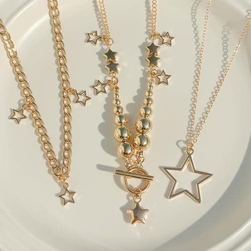 3Pcs Y2k Layered Star Pearl Necklace Sets for Women Teen Girls,14K Gold Link Chains Beaded Aesthetic Choker Necklace Party Prom Trendy Adjustable Jewelry thumbnail 8