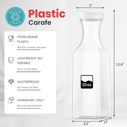 NETANY Plastic 50 Oz Water Carafe with Flip Top Lid, Set of 2 Square Base Juice Containers, Clear Plastic Pitcher - for Water, Iced Tea, Juice, Beverage, Cold Brew and Mimosa Bar - HAND WASH ONLY thumbnail 3