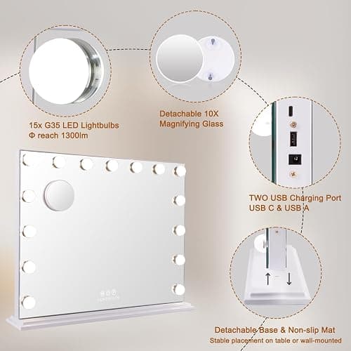 FENCHILIN Vanity Mirror with Lights, Hollywood Lighted Makeup Mirror with 15 Dimmable LED Bulbs for Dressing Room & Bedroom, Slim Metal Frame Design, White thumbnail 7