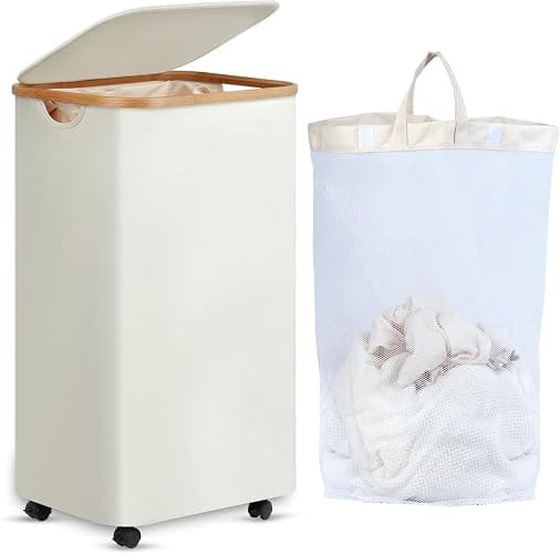 efluky Laundry Basket with Wheels, Tall Rolling Laundry Hamper with Lid and Removable Bag, Aesthetic Dirty Clothes Hamper on Wheels for Laundry Room, Bedroom, Dorm and Bathroom, 100L Beige - Beige - 100L - Image 1