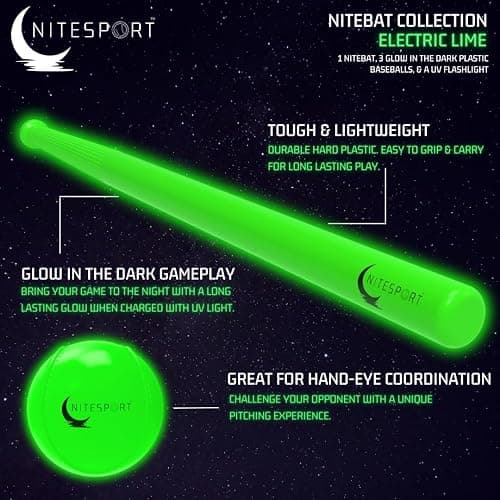 NiteSport Glow in The Dark Plastic Baseball Bat w/ 3 Glow in The Dark Plastic Baseballs Bundle UV Flashlight Included (Electric Lime) thumbnail 3