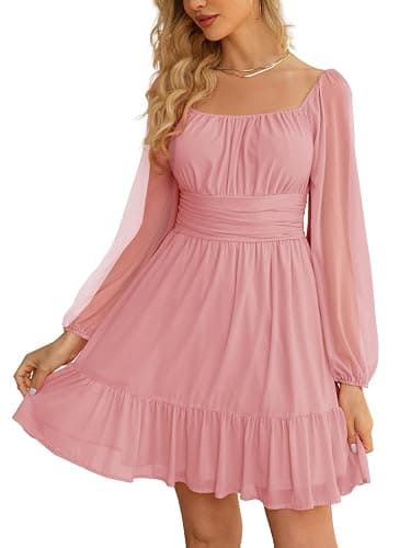 Wenrine Women's Mesh Long Sleeve Square Neck Dress High Waist A Line Ruffle Hem Flowy Casual Party Mini Dress - Image 1