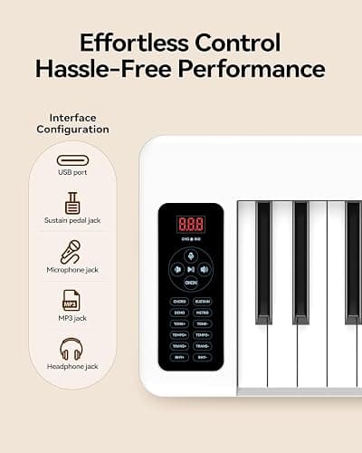 Rhymo Folding Piano Keyboard, 61 Keys Sensitive Electric Piano | Semi-Weighted Portable Electric Keyboard with Bluetooth MIDI, Digital Foldable Keyboard for Beginners(White) thumbnail 5