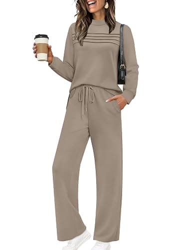 WIHOLL Two Piece Sets for Women Fall Travel Vacation Outfits Long Sleeve Lounge Sets Side Slit Wide Leg Pants S-3XL - Image 1