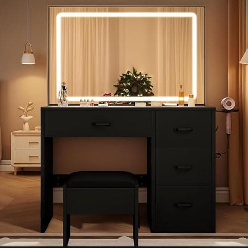 YITAHOME Makeup Vanity Set with LED Mirror & 3 Lighting Modes, 4-Drawer Vanity Table with Charging Station and Cushioned Stool for Dressing Room, Black thumbnail 2