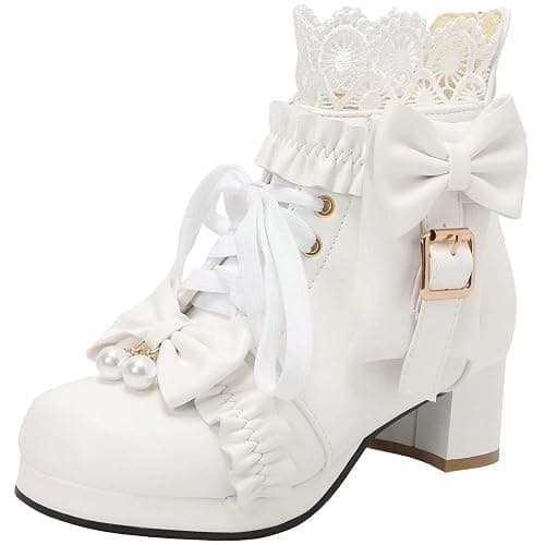 LUXMAX Women Chunky Heel Lace Up Booties Lolita Kawaii Shoes Block Heel Cute Ankle Boots Sweet Lace Boots with Bow - Image 1