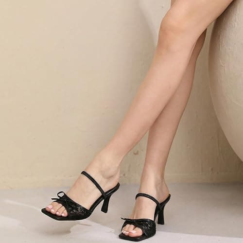 SKETOE Bow Kitten Heels for Women Square Toe Mesh Sandals Knots Heels for Wedding Party thumbnail 3