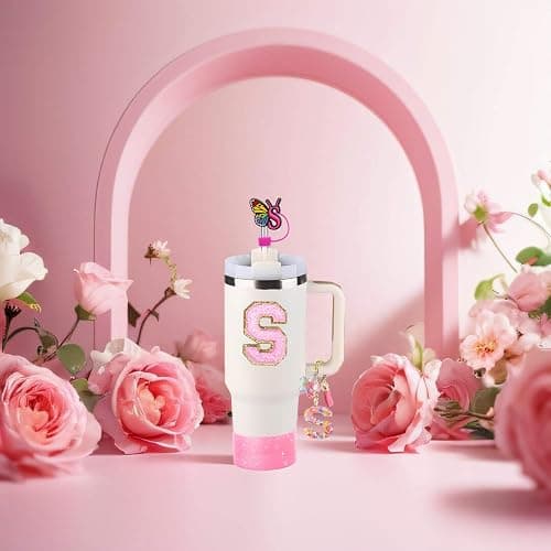 Stanley Cup Accessories Set of 6 PCS, Pink Glitter Letter Theme with Keychain, Butterfly Straw Topper, Silicone Boot, Patch & Cup Decor Kit,Water Bottle Carrier Set (Tumbler Not Included) thumbnail 7