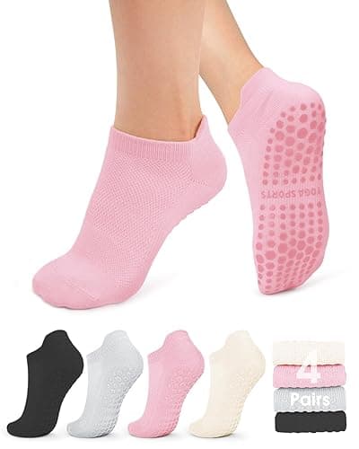 yeuG 4/6 Pairs Pilates Socks for Women Non Slip Grip Socks Yoga Socks Ankle Grippy Socks Woman for Barre, Hospital, Barefoot - Small-Medium - B01-black/Light Grey/Light Pink/Ivory White
