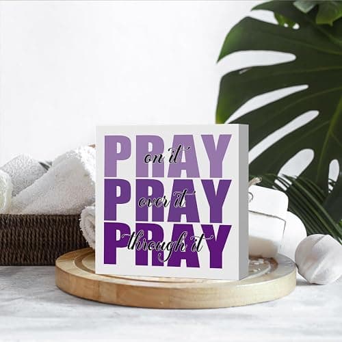 Inspirational Bathroom Room Decor, Christian Bible Desk Decoration, Accessories for Women Office, Dorm Decor Gifts for Women, Wooden Box Sign for Home Bedroom Table Shelf-Pray Through It(purple) thumbnail 4