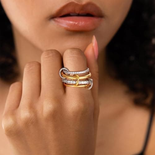 GmwyCzV Stapelbar Ringe für Damen, 18K Vergoldet Cubic Zirkonia Ringe, Gold und Silber 4 Ineinandergreifende Ring, Vergoldete Ringe, für Den Alltag Oder Besondere Anlässe(Größe 7) thumbnail 8