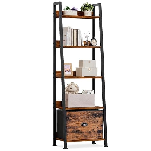 Furologee 5-Tier Ladder Shelf, Ladder Bookshelf with Removable Drawer, Rustic Bookcase Storage Rack Organizer, Wood Metal Freestanding Storage Shelf for Living Room, Home Office, Bedroom, Balcony - Image 1