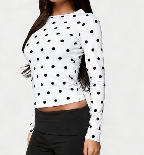 Women Polka Dot Long Sleeve Tops Crew Neck Slim Fit Shirt Tops Underscrub thumbnail 3