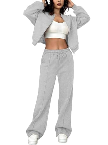 LovelyWholesale Women Sweatsuits 2 Piece Set Zip Up Sweatshirt and Wild Leg Sweatpants Set - Image 1