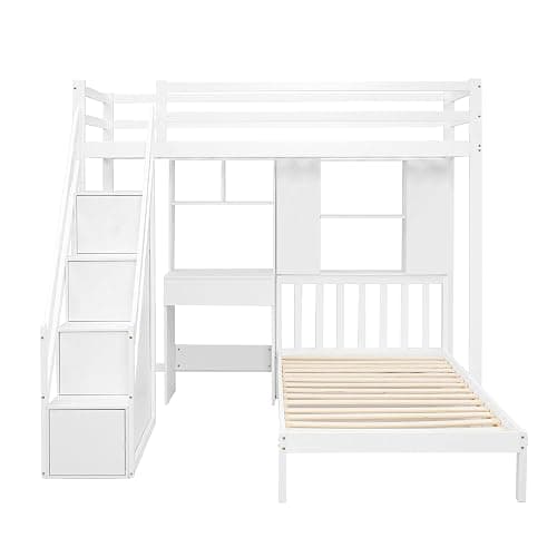 Merax Kids 3FT Loft Bed Frame Children's High Sleeper Double Bed with Desk multifunctional Bed with Storage, Shelves & Stairs, Solid Pine Wood Frame, for Children Girls and Boys, White (2 * 90x190cm) thumbnail 6