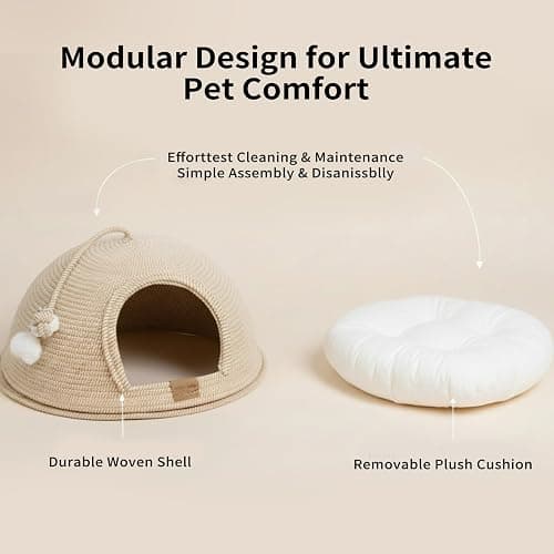 CHEERPALS Cat Cave Bed for Indoor Cats, 3 in 1 Cat House with Washable Cushion and Ball, Scratcher Bed, Cute Rope Bed for Kittens and Large Cat(White) thumbnail 8