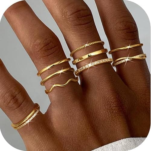 Jstyle Gold Stackable Rings for Women Non Tarnish Open Adjustable Rings Cubic Zirconia Thin Thumb Silver Ring Set 14K Gold Filled Pinky Knuckle Stacking Set - Dainty Statement Promise Band Ring Sets thumbnail 2