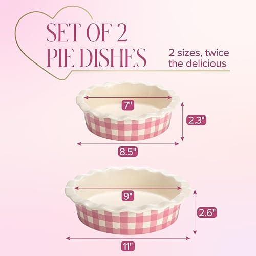 Paris Hilton Ceramic Pie Dish Set, 7-Inch and 9-Inch Stoneware Baking Dishes with Fluted Rim and Gingham Design, Oven Safe up to 450°F, 2-Piece, Pink thumbnail 3