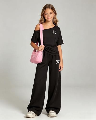 Kxuryueo Teen Girls Clothes Off the Shoulder Top and Wide Leg Pants Matching Outfit Set with Pockets Size 7-16 thumbnail 2