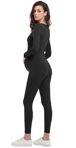 V VOCNI Maternity Jumpsuit Women's Square Neck Long Sleeve Bodycon T Shirts Yoga Leggings Romper Pregnancy Bodysuit thumbnail 5