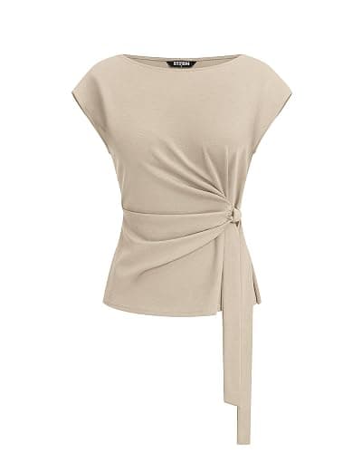 BTFBM Womens Tops Summer 2026 Cap Sleeve Crew Neck Tie Waist Blouses Dressy Casual Business Work Clothes Spring Fashion - Image 1