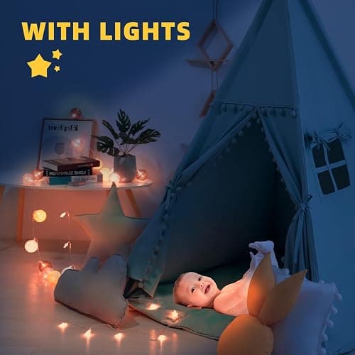RONGFA Teepee Tent for Kids with Mat, Star Lights, Carry Case, Cotton Canvas Playhouse, Foldable Tents, Portable Children Play Tent Indoor Outdoor (Jewelry Blue) thumbnail 5