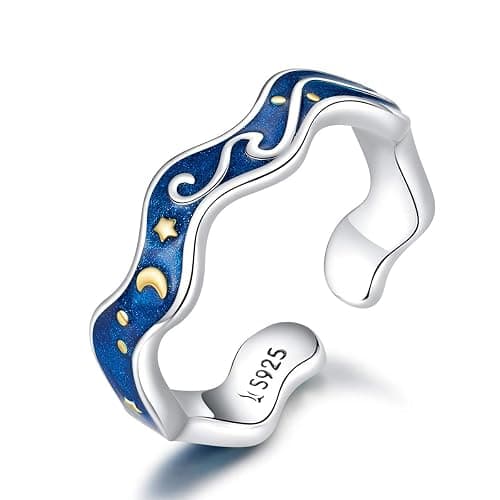Starry Sky Moon Star Open Statement Ring S925 Sterling Silver Blue Universe Waves Stacking Engagement Wedding Rings Finger Band for Women - Image 1