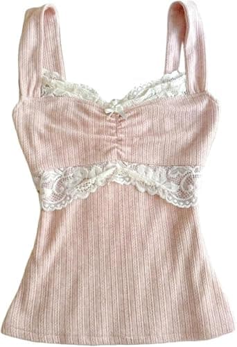 Women Fairy Grunge Coquette Tank Top Y2k Sleeveless Cute Vintage Lace Trim Camisole 2000s Teen Girls Crop Cami Shirt - Image 1