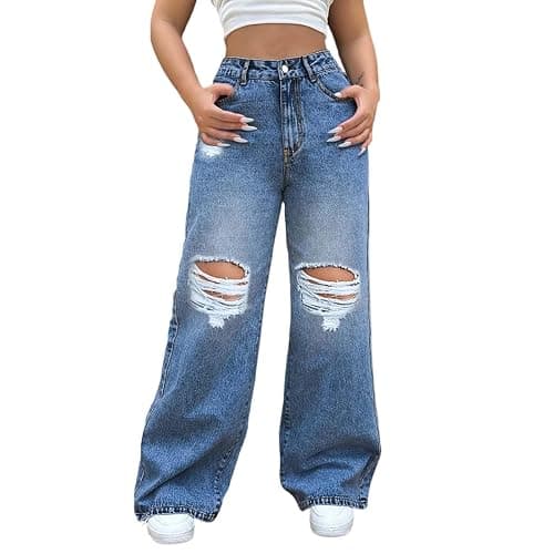 Ripped Jeans Womens, Wide Leg Jeans Woman Baggy High Waisted Trendy Bootcut Stretchy Plus Size Distressed Denim Pants - Image 1