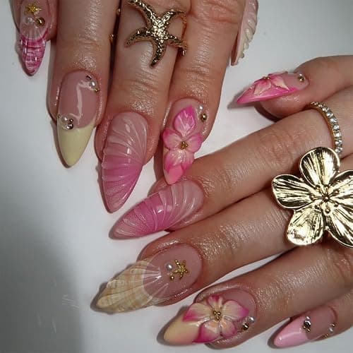 24Pcs French Tip Press on Nails Medium Almond Fake Nails with Gold Shell Starfish Rhinestones Summer False Nails Pink Hawaii Flower Acrylic Nail Cute Glue on Nails Floral Stick on Nail for Women thumbnail 8