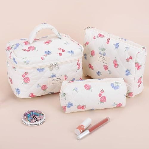 Quilted Makeup Bag Set 3 Pcs Cute Strawberry Makeup Bags For Women Large Aesthetic Floral Cosmetic Bag Coquette Cotton Makeup Pouch thumbnail 6