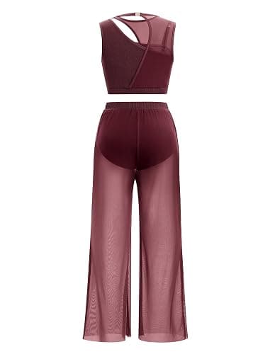FYMNSI Costume de danse lyrique moderne pour femme - Vêtement de danse classique - Sans manches - Ventre nu - Pantalon large - Image 1